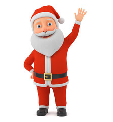 Cartoon character cheerful Santa Claus raised his hand in greeting on an isolated white background. 3d render illustration.