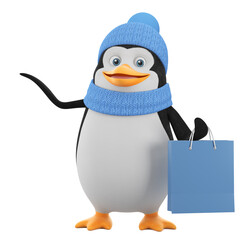 Cartoon character penguin in winter clothes points to an empty space and holds a bag with purchases on a white background. 3d render illustration.