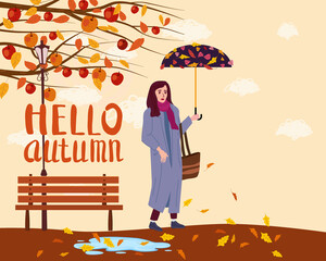 Hello Autumn Young woman in the autumn park city, trendy clothes street fashionable style, lettering, fall mood. Trendy vector style isolated
