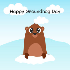 Happy groundhog day. Groundhog coming out of its burrow. Vector cartoon illustration. Groundhog character. Isolated object.