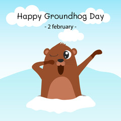 Happy groundhog day. Groundhog coming out of its burrow and yawning. Vector cartoon illustration. Groundhog character. Isolated object.
