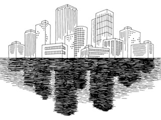 City sea graphic black white cityscape skyline sketch illustration vector