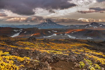 Kamchatka, view of Vilyuchinsky volcano from the slope of Gorely volcano