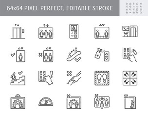 Elevator pitch line icons. Vector illustration, keep social distance icon, disinfect lift button, avoid touching handrail outline pictogram coronavirus prevention. 64x64 Pixel Perfect Editable Stroke © Phoenix Icons