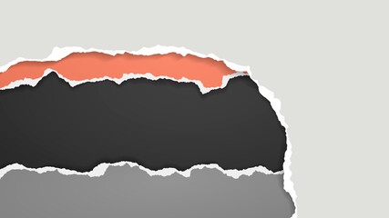 Torn of white, grey paper strips, pieces are on black background for text, advertising or design. Vector illustration