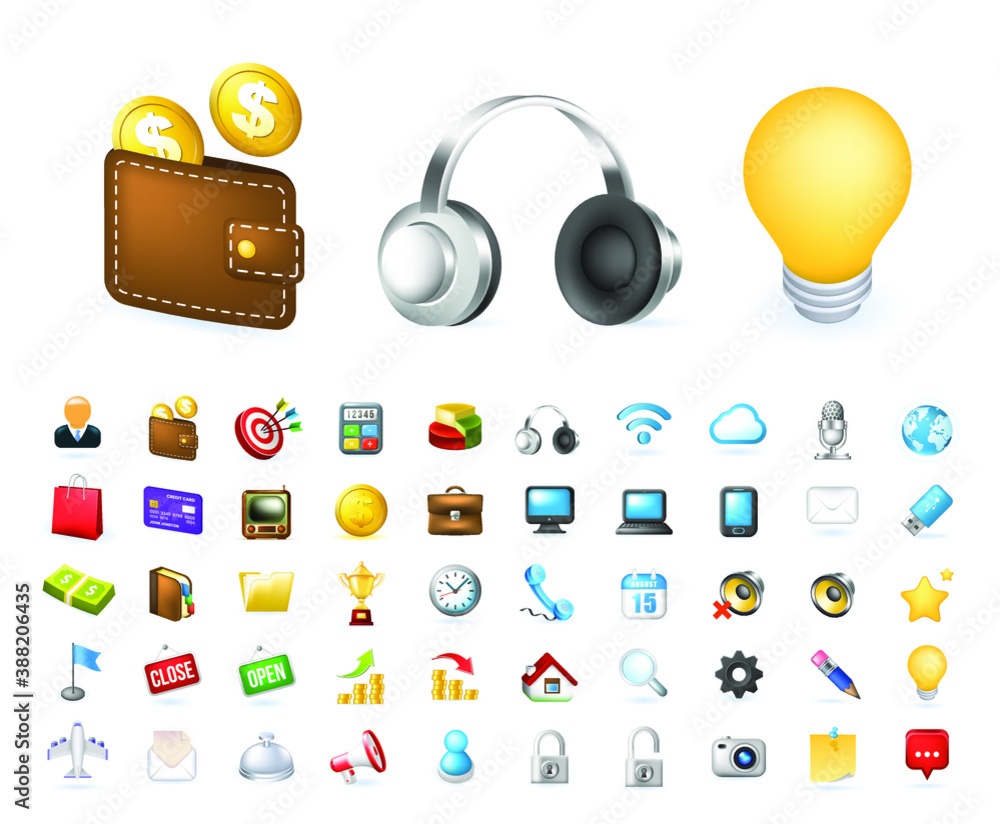 Poster set of 50 realistic high quality colorful business and technology icons on white background . isolat