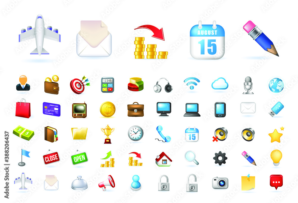 Poster set of 50 realistic high quality colorful business and technology icons on white background . isolat
