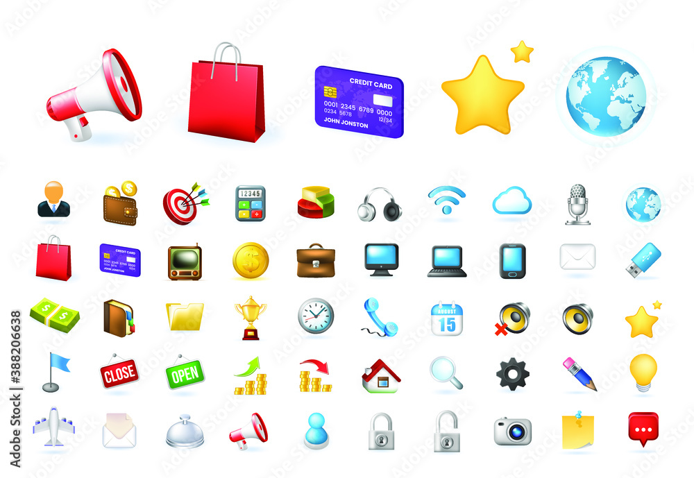 Poster set of 50 realistic high quality colorful business and technology icons on white background . isolat