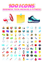 Set of 100 Realistic High Quality Colorful Business Technological Fitness and Medical Icons on White Background . Isolated Vector Elements
