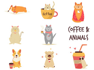 Set of cats and dogs enjoying coffee.