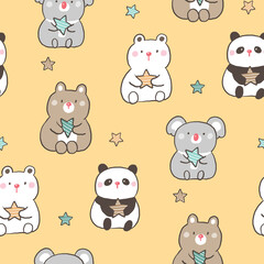 Seamless Pattern with Cute Cartoon Bear, Koala, Panda and Star Design on Yellow Background