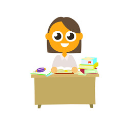 Teacher, woman sitting at the office table, isolated vector illustration. Cartoon flat style set. Design for stickers, logo, web and mobile app. 