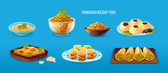 Ramadan holiday food of iftar party arabian muslim dishes. Sweet dishes, fish and meat , dates, milk, salads. Hummus, tabbouleh, fattoush, luqaimat dumplings, kanafeh, urama, pilaf, qatayef
