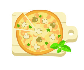 Pizza on a board, isolated vector illustration. Cartoon flat style. Cartoon flat style. Design for stickers, logo, web and mobile app. 