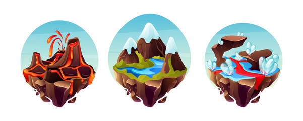 Game island collection. Highlands of north america, snow-capped mountains with mountain river, landscape of earth and lava. Nature landscape of earth for game design