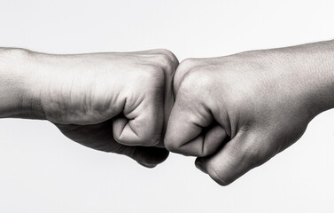 People bumping their fists together, arms. Man giving fist bump. Team concept. Hands of man people fist bump team teamwork, success. Friendly handshake, friends greeting. Black and white