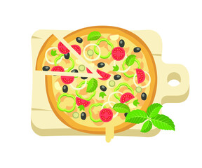 Pizza on a board, isolated vector illustration. Cartoon flat style. Cartoon flat style. Design for stickers, logo, web and mobile app. 