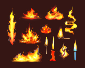Realistic fire flames set. Red burning fire flame and orange hot flaming heat explosion cartoon, hot flame energy, fire animation cartoon vector