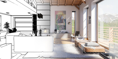 Modern Residential Loft Interior with Fireplace (planning) - panoramic 3d visualization
