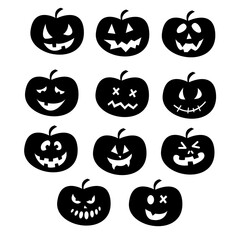 Halloween pumpkins scary faces set. Jack O'Lantern isolated decor elements. Halloween party collection. Vector eps 10.