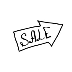 Vector image of sale pointer arrow. Outline hand drawn symbols and design elements in the Doodle style on theme of black Friday, shopping, discounts