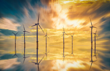 Offshore Wind Turbine in a Wind farm at sunset in Redcar, Yorkshire, UK