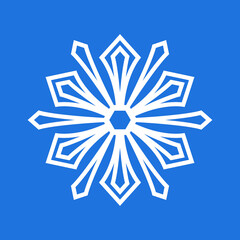 Snowflake icon, white snowflake on blue background, vector isolated symbol.