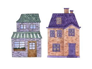 House, cottage with lawn isolated on white background