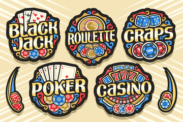 Vector set of Gambling Logos, 7 isolated badges with illustration of gamble symbols, collection of decorative sign boards with retro design flourishes and unique brush typeface for gambling words.