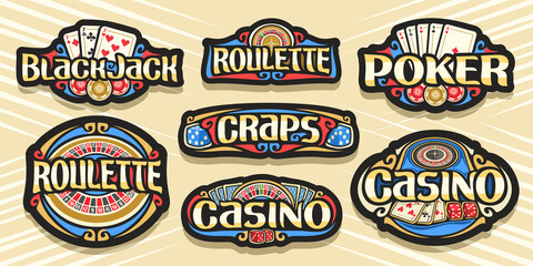 Vector set of Gambling Logos, 7 isolated labels with illustration of gamble symbols, collection of decorative sign boards with vintage design flourishes and unique brush typeface for gambling words. © mihmihmal