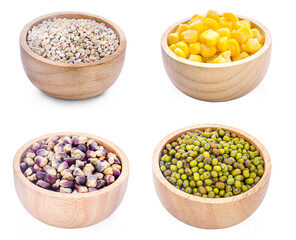 Cereal grains , seeds, beans on wooden background