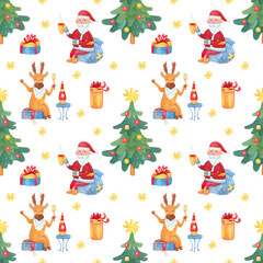 Watercolor seamless pattern with Christmas trees, Santa and a cute cheerful deer drinking champagne, gift boxes and snowflakes on white background.  Great for fabrics, wrapping papers.