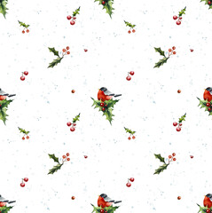 Birds and berries. Winter Seamless pattern. Watercolor hand drawn illustration
