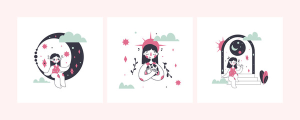 Set of cute girls with moon and sun. Vector illustration. © Daria