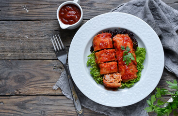 Stuffed cabbage. Stuffed cabbage rolls with rice and meat. Top view. Copy space.