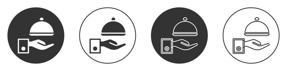 Black Covered with a tray of food icon isolated on white background. Tray and lid sign. Restaurant cloche with lid. Circle button. Vector.