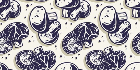 Colored seamless pattern wallpaper with vegetarian champignon silhouette for any holiday. Autumn illustration of mushroom picking for nature theme design