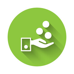 White People paying tips to service staff in restaurant and hotel icon isolated with long shadow. Tips money cash coin hotel resort service. Green circle button. Vector.