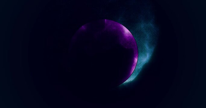 The movement of the shining purple and turquoise particles in a circle. Round purple core. Outer, wavy and turquoise tail made of particles. 
Abstract animation on a dark blue gradient background.

