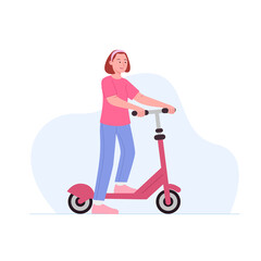 Girl Playing With Kick Scooter Flat Cartoon Illustration