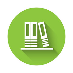 White Office folders with papers and documents icon isolated with long shadow. Office binders. Archives folder sign. Green circle button. Vector.