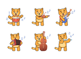 Fototapeta premium Set of cute cat characters playing on various musical instruments. Chibi cat playing on drum, violin, guitar, accordion, flute, double bass. Vector illustration bundle