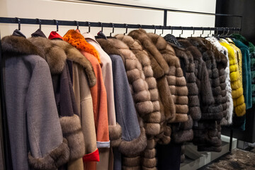 Showcase fur coats in the store