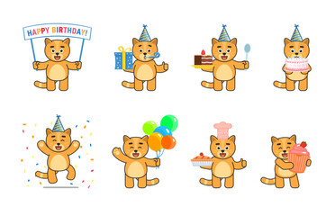 Set of cute cat characters showing various birthday party actions. Cheerful cat mascot holding gift box, cake, banner, celebrating and showing other actions. Vector illustration bundle