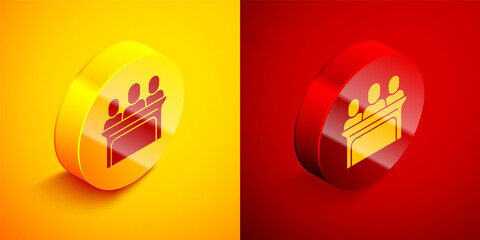 Isometric Jurors icon isolated on orange and red background. Circle button. Vector.