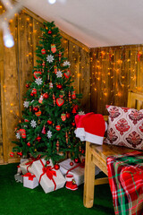 Christmas decor in red and green color scheme with yellow lights: Christmas tree