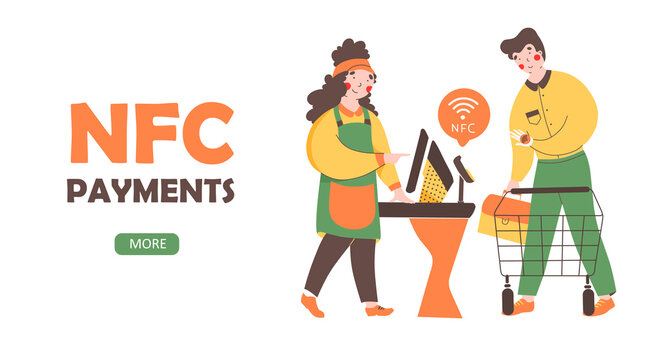 NFC - Contactless payment, flat vector landing page template. Payment from smartphone, paypass technology.