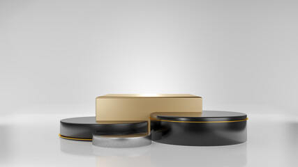 Showcase Product display platform. 4 step black silver and gold rough textured podium stand isolated. Cube block gold display. 3d rendering.