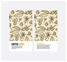 Template of the coffee flyer vector illustration. Design leaflets, brochures black, brown, white and orange with hand drawing illustrations vector