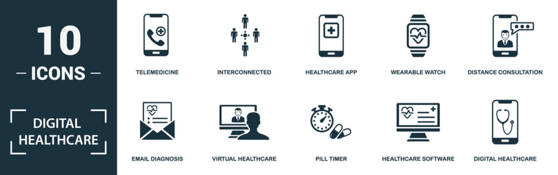 Digital Healthcare icon set. Monochrome sign collection with telemedicine, interconnected, healthcare app, wearable watch and over icons. Digital Healthcare elements set.